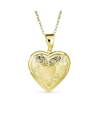 Bling Jewelry Initials Keepsake Puff carved Leaf Heart Shaped Photo Locket Holds Photos Pictures 18K Gold Plated Necklace Pendant