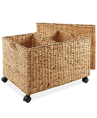 Casafield Rolling Storage Basket Cart with Lid and Wheels, Natural - Woven Water Hyacinth Divided Sorting Bin for Kitchen, Pantry, Laundry, Garage
