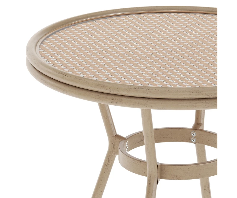 Colmar Indoor/Outdoor Bistro Style 31.5 In. Table With Pe Rattan, Glass Top, And Bamboo Finished Metal Frame