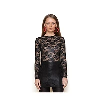 Terese Sydonna Women's Long Sleeve Black Mystique Metallic Stretch Lace Tunic