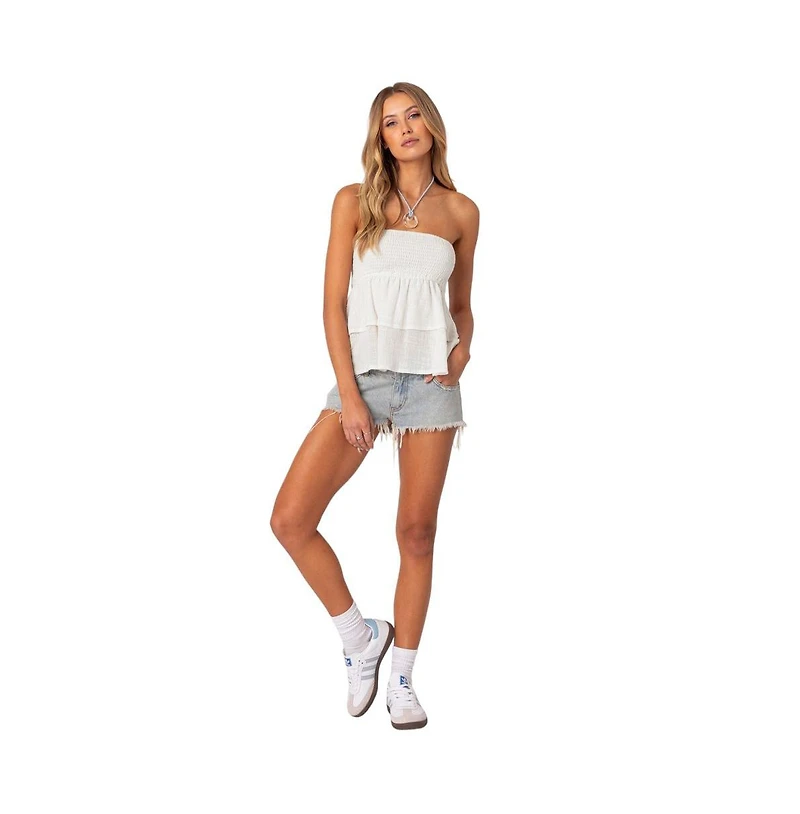 Edikted Women's Harleigh Ruffled Linen Look Tube Top