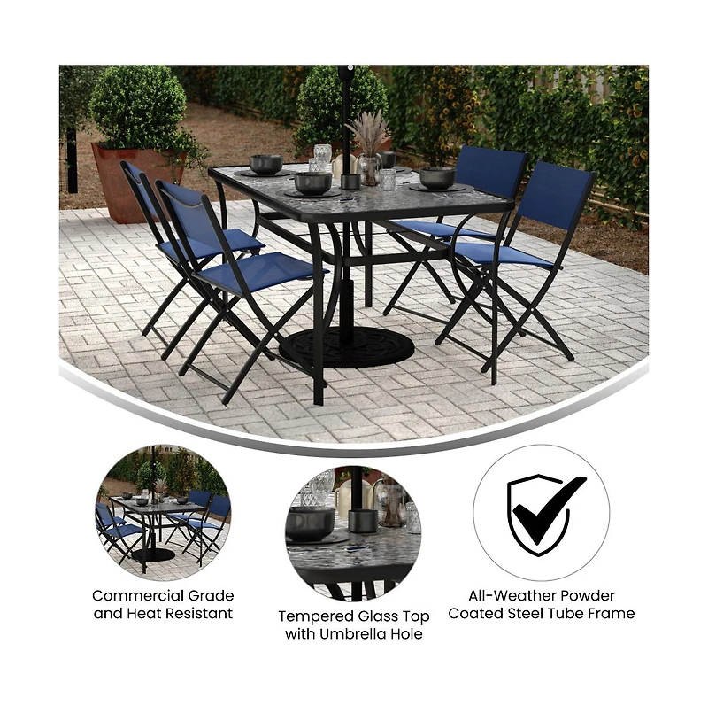 Emma+Oliver Tala Rectangular Tempered Glass Top Patio Table With Umbrella Hole And Black Steel Tube Frame