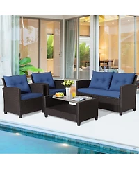 Gymax 4PCS Outdoor Conversation Set Patio Pe Rattan w/ Glass Table & Sofa Cushions