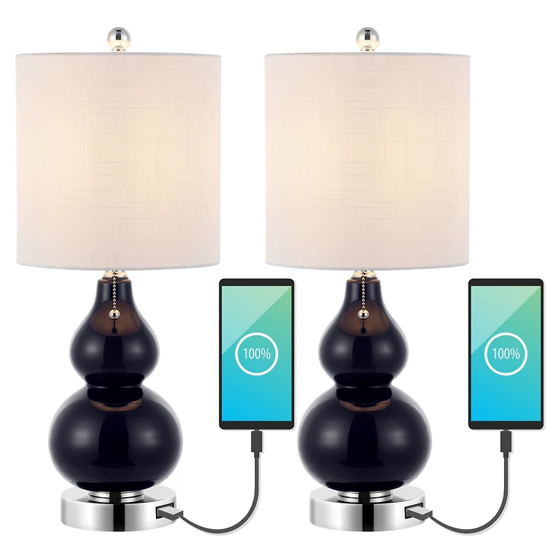 Jonathan Y Cora Classic Retro Glass Led Table Lamp with Usb Charging Port (Set of 2)