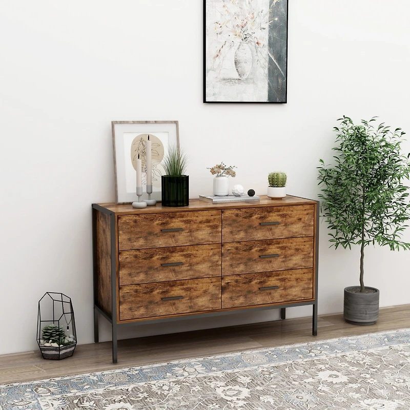 Streamdale Rustic Brown 6 Drawer Double Dresser with Steel Frame