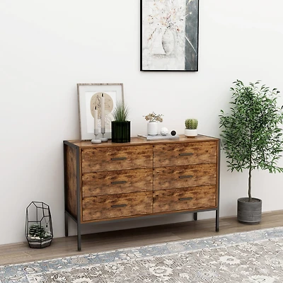 Streamdale Rustic Brown 6 Drawer Double Dresser with Steel Frame