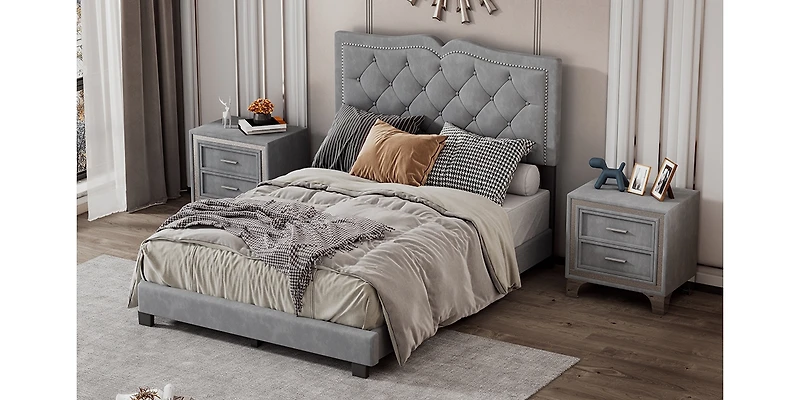 Streamdale Modern Gray Velvet Bed with Rivet Design & Tufted Headboard