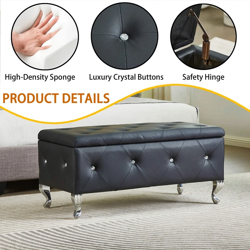 Streamdale Furniture Black Faux Leather Storage Ottoman Bench with Crystal Buttons
