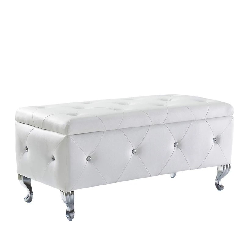 White Faux Leather Ottoman with Crystal Buttons