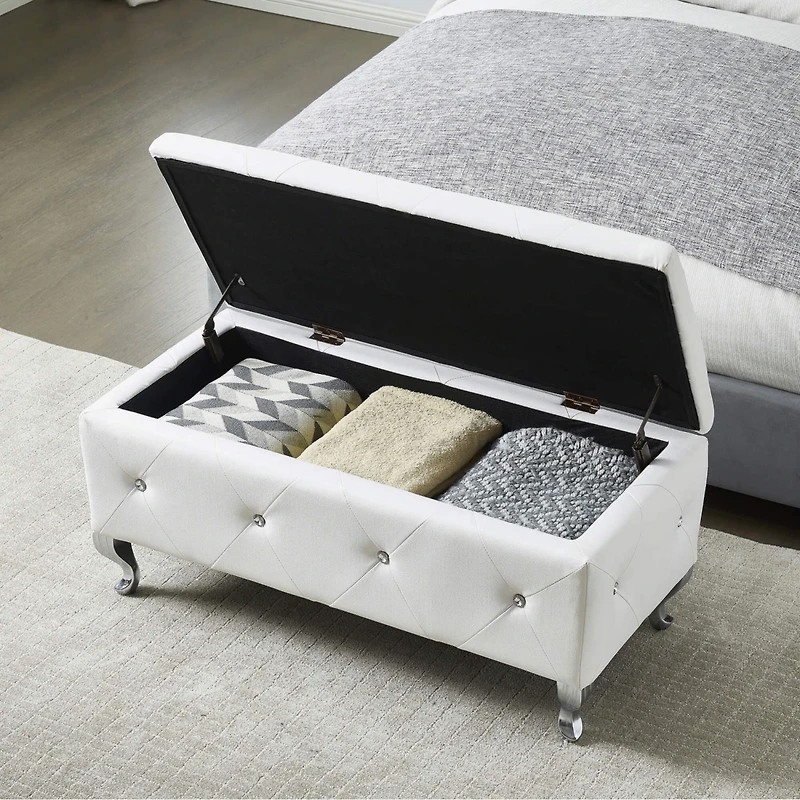 White Faux Leather Ottoman with Crystal Buttons