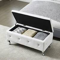 White Faux Leather Ottoman with Crystal Buttons