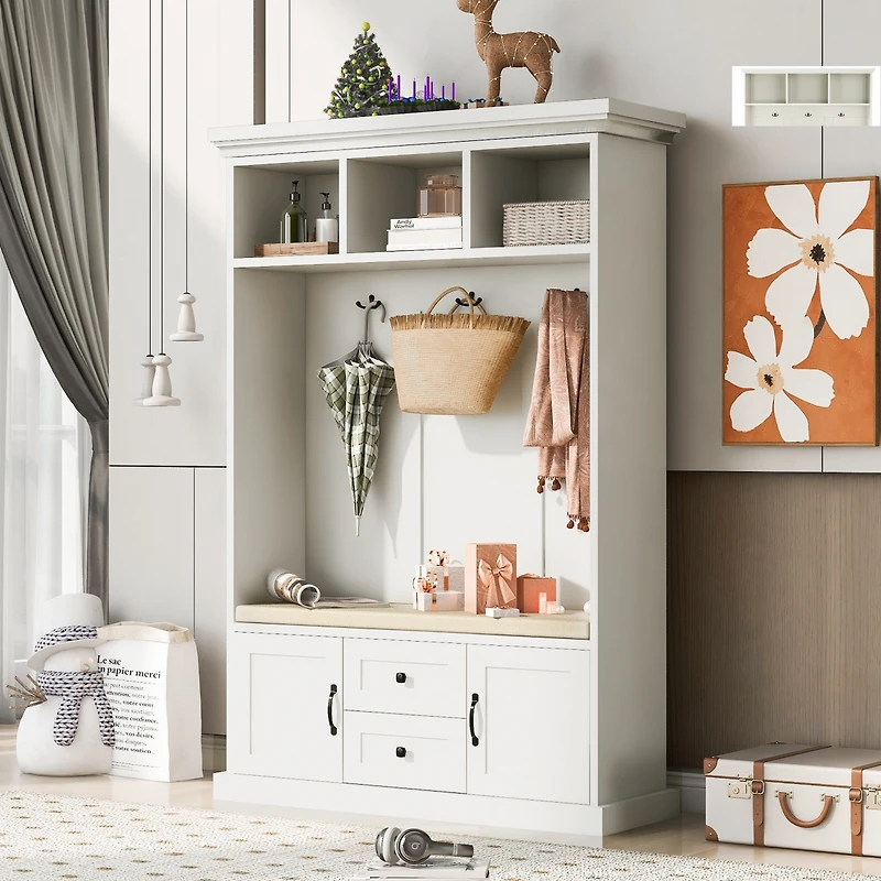 Streamdale 3-in-1 Hall Tree with Bench & Hooks (White)