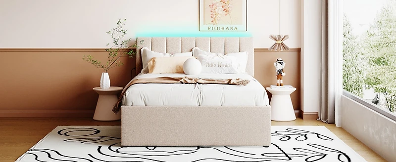 Streamdale Teddy Fleece Full Upholstered Platform Bed With Trundle, Beige