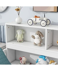 Simplie Fun Full Floor Bed With Side Bookcase, Shelves, Guardrails, White