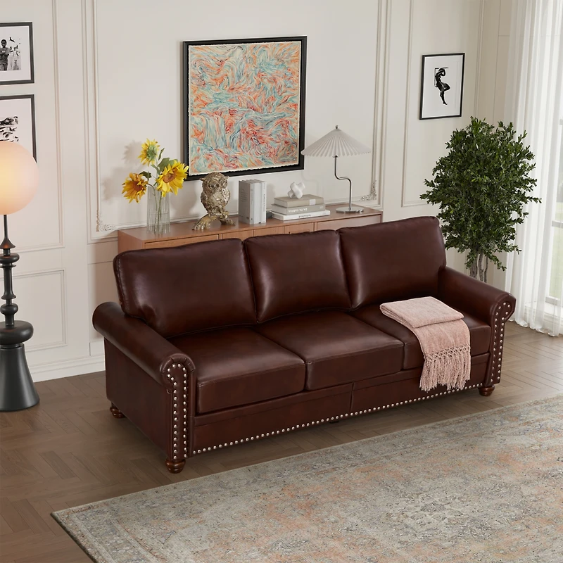 Streamdale Furniture Classic Living Room Nails Sofa Burgundy Faux Leather