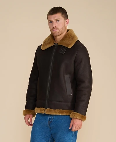 Furniq Uk Men's Shearling Aviator Jacket, Washed Brown with Ginger Wool