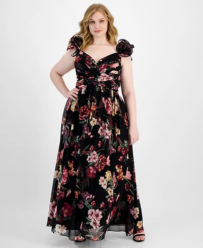 B Darlin Trendy Plus Floral-Print Ruffle-Strap Gown