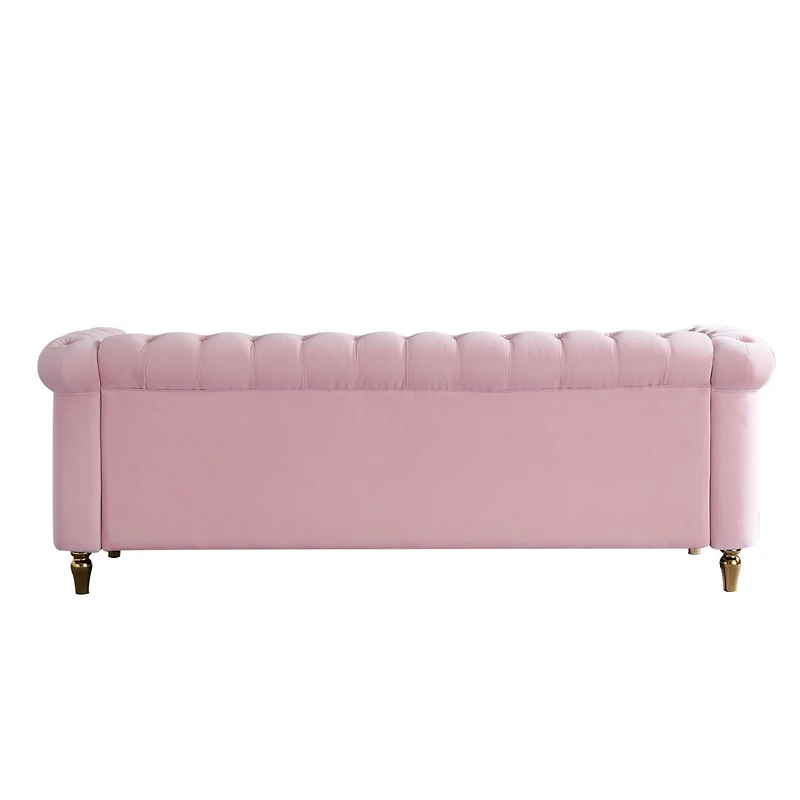 Simplie Fun Chesterfield Velvet Sofa 84.65 Inch For Living Room Pink Color