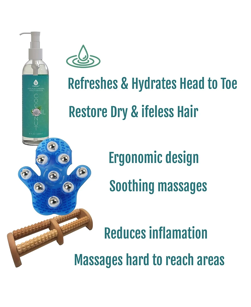 Pursonic Relaxation Gift Bundle: Palm Shaped Massage Glove, Wooden Foot Massager, and Fractionated Coconut Oil