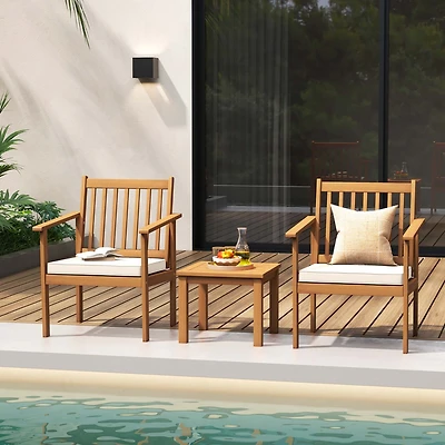 3 Pcs Patio Wood Furniture Set Acacia Wood Chairs & Coffee Table with soft Cushions