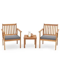 3 Pcs Patio Wood Furniture Set Acacia Wood Chairs & Coffee Table with soft Cushions