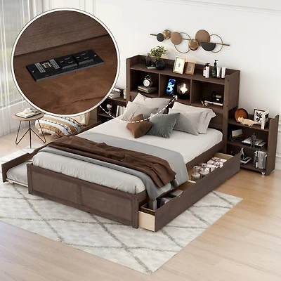 Full Storage Platform Bed With Pull Out Shelves, Twin Trundle And 2 Drawers
