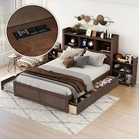Full Storage Platform Bed With Pull Out Shelves, Twin Trundle And 2 Drawers
