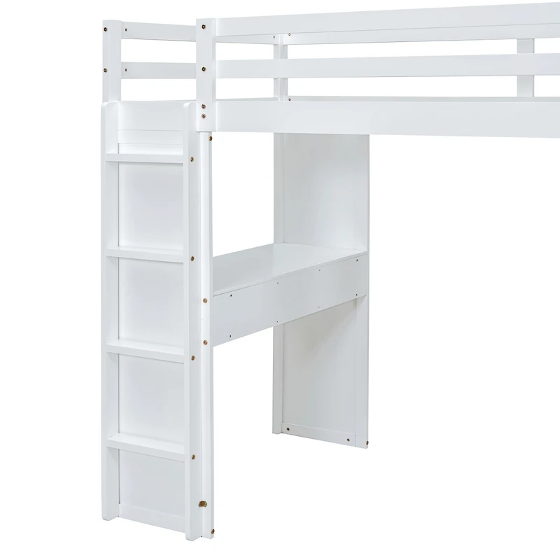 Simplie Fun Full Size Loft Bed With Large Shelves, Writing Desk And Led Light, White