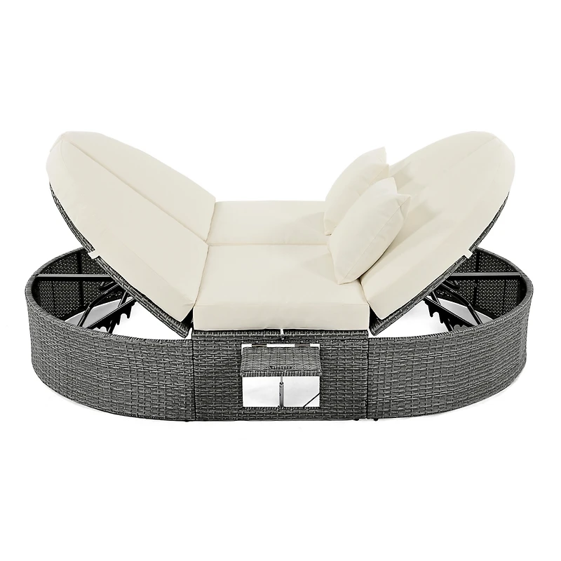 Simplie Fun Gray Rattan Outdoor Daybed with Cushions and Cup Trays