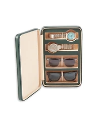 Bey-Berk Leather Two Watch and Two Sunglass Travel Case with Form Fit Compartments with Zipper Closure.