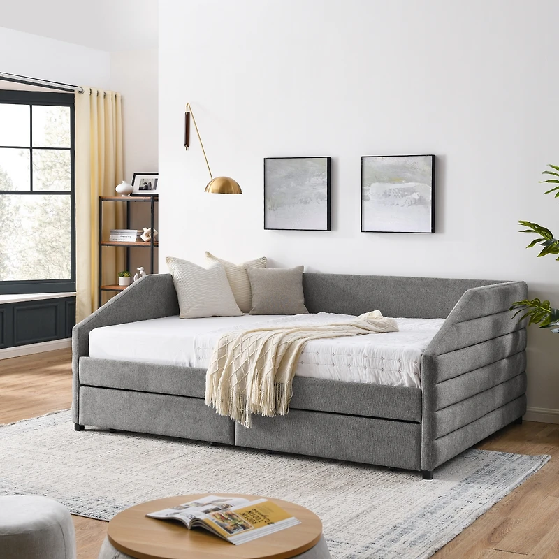 Streamdale Furniture Queen Size Upholstered Daybed with Trundle, Grey