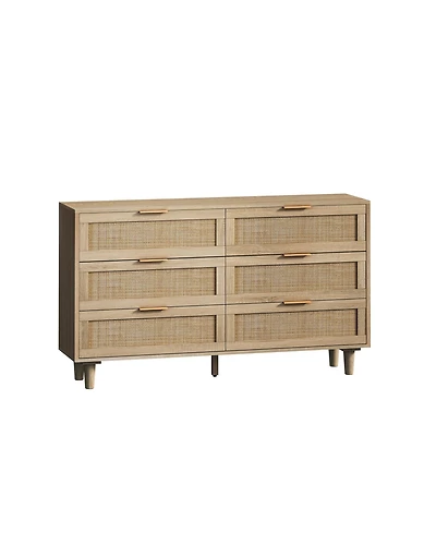 51.18" 6-Drawers Rattan Storage Cabinet Rattan Drawer, For Bedroom, Living Room, Natural