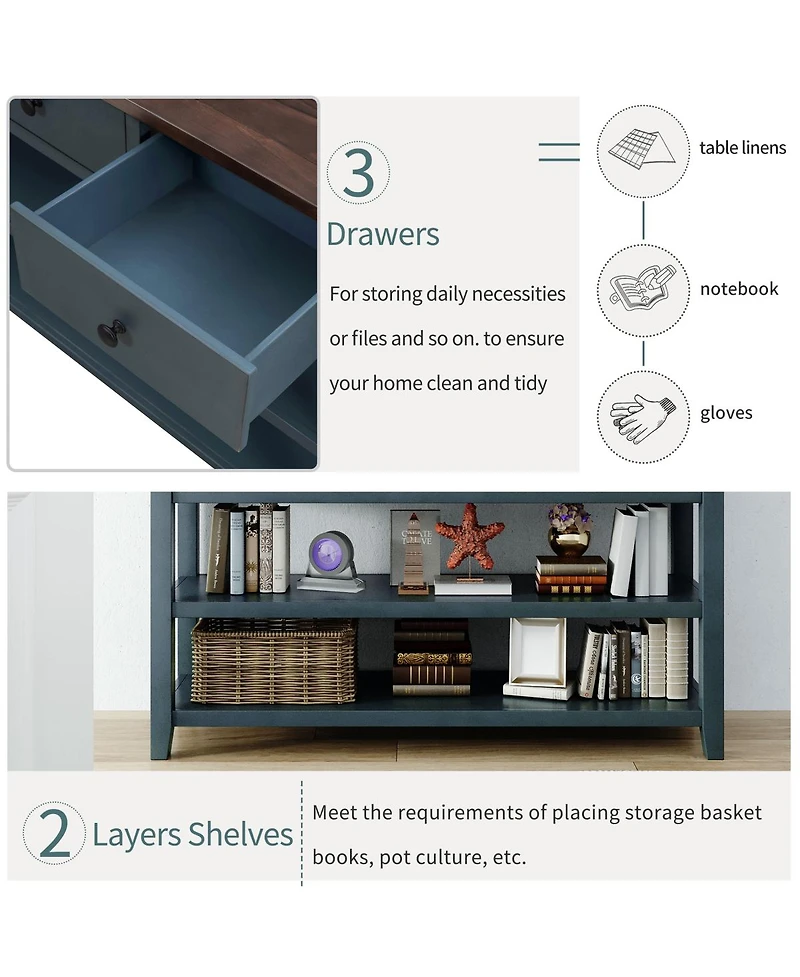 Simplie Fun Retro Design Console Table With Two Open Shelves, Pine Solid Wood Frame And Legs