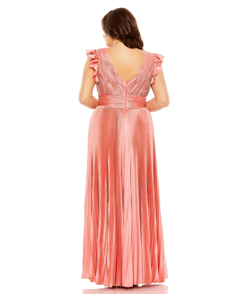Mac Duggal Plus Flutter Sleeve Pleated V-Neck Gown