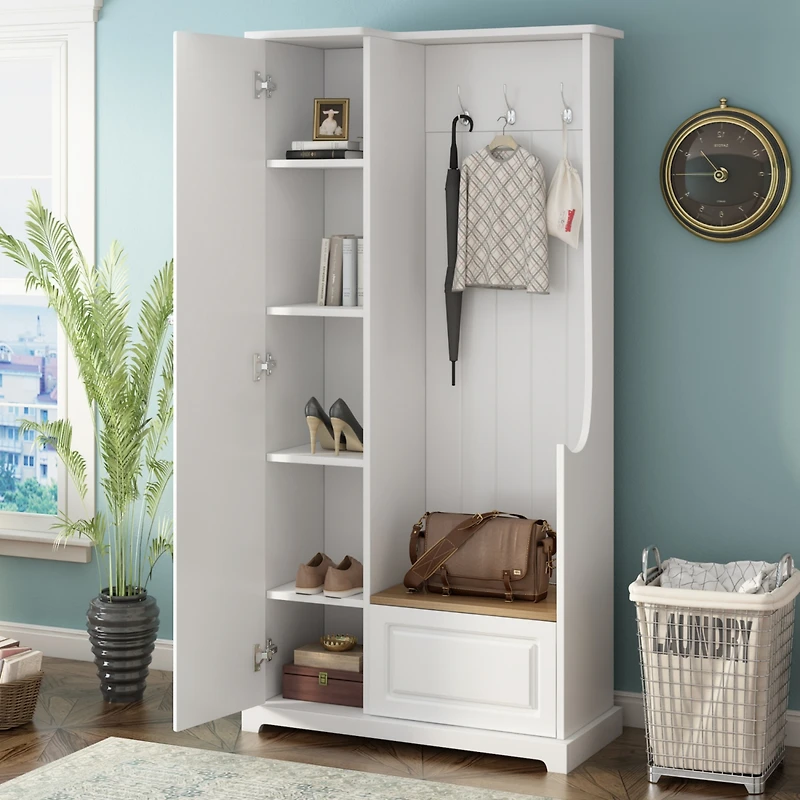 Simplie Fun White Hall Tree with Bench and Shoe Cabinet