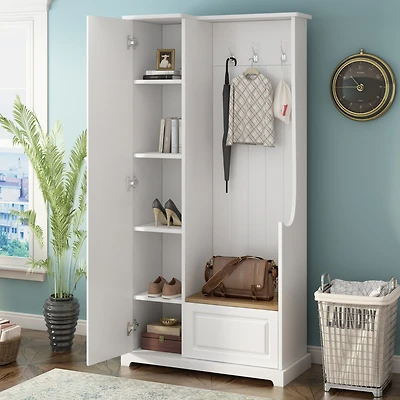 Simplie Fun White Hall Tree with Bench and Shoe Cabinet