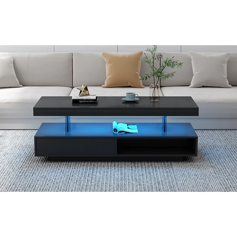 Simplie Fun Modern White Led Coffee Table with Storage, 2 Drawers, and Shelves