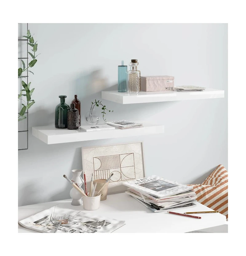 vidaXL Floating Wall Shelves 2 pcs High Gloss White 23.6"x9.3"x1.5" Mdf