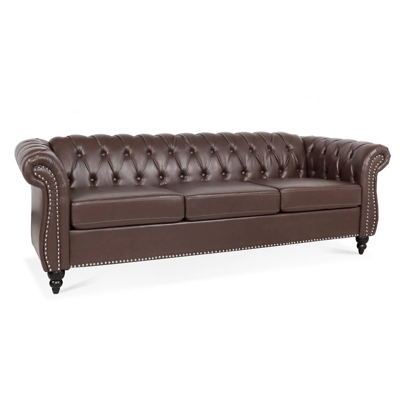 Streamdale Furniture 84" Dark Brown Pu Rolled Arm Chesterfield Three Seater Sofa