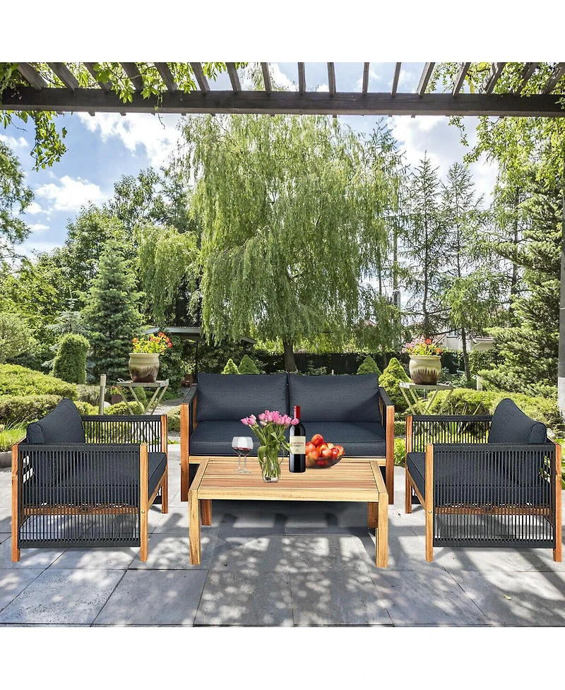 Gymax 8PCS Acacia Wood Outdoor Patio Furniture Set Cushioned Sofa W/Nylon Rope Armrest