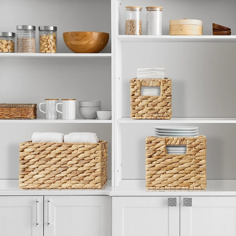 Casafield Set of 3 Water Hyacinth Storage Baskets with Handles - Small, Medium, and Large Woven Nesting Storage Bin Organizers for Shelves - Natural