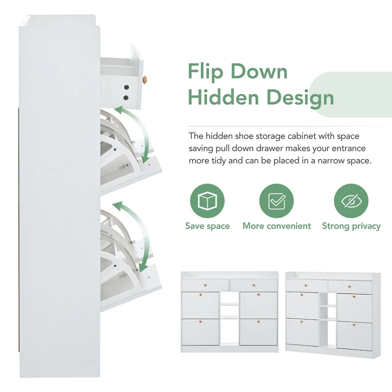 Streamdale 2-Tier Shoe Cabinet with 4 Flip Drawers, White