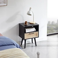 Streamdale Furniture Rattan End table with drawer and solid wood legs, Modern nightstand, side table for living room, bedroom, black