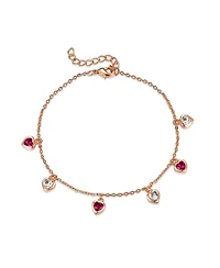 18k Rose Gold Plated with Red & White Cubic Zirconia stones Heart Dangle Charm Adjustable Bracelet