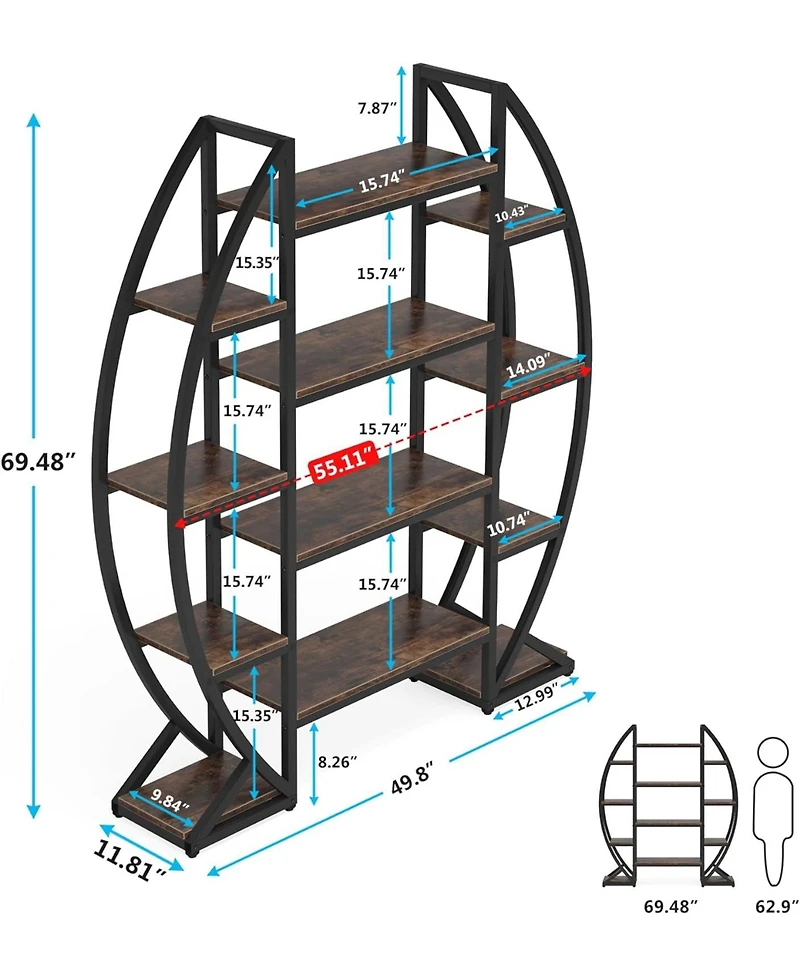 Tribesigns Oval Bookshelf, Triple Wide 5 Tier Etagere Bookcase, Industrial Display Shelves for Living Room (Brown, 55")
