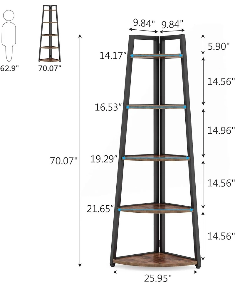 Tribesigns 70 inch Tall Corner Shelf, 5 Tier Rustic Corner Bookshelf, Industrial Corner Ladder Shelf, Plant Stand for Living Room, Kitchen, Home Offic