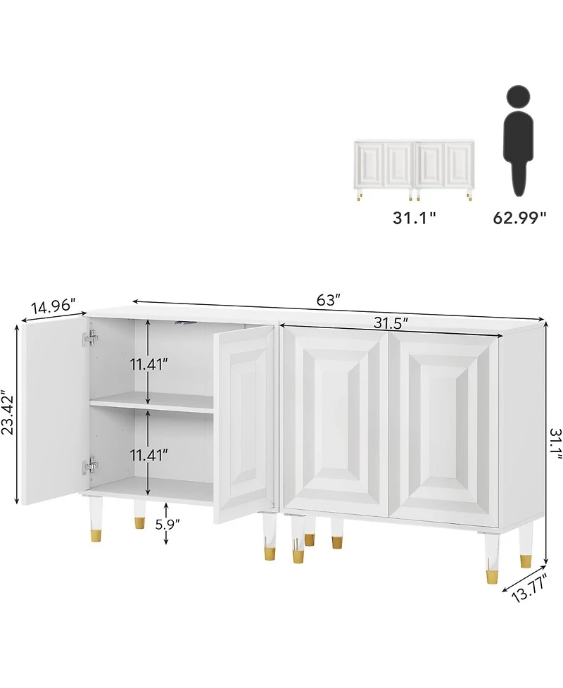 Tribesigns Sideboard Buffet Cabinet, 63 Inch Modern Kitchen Accent Cabinet with 4 Doors and Storage Shelves, White Credenzas Console Bar Cabinet for L