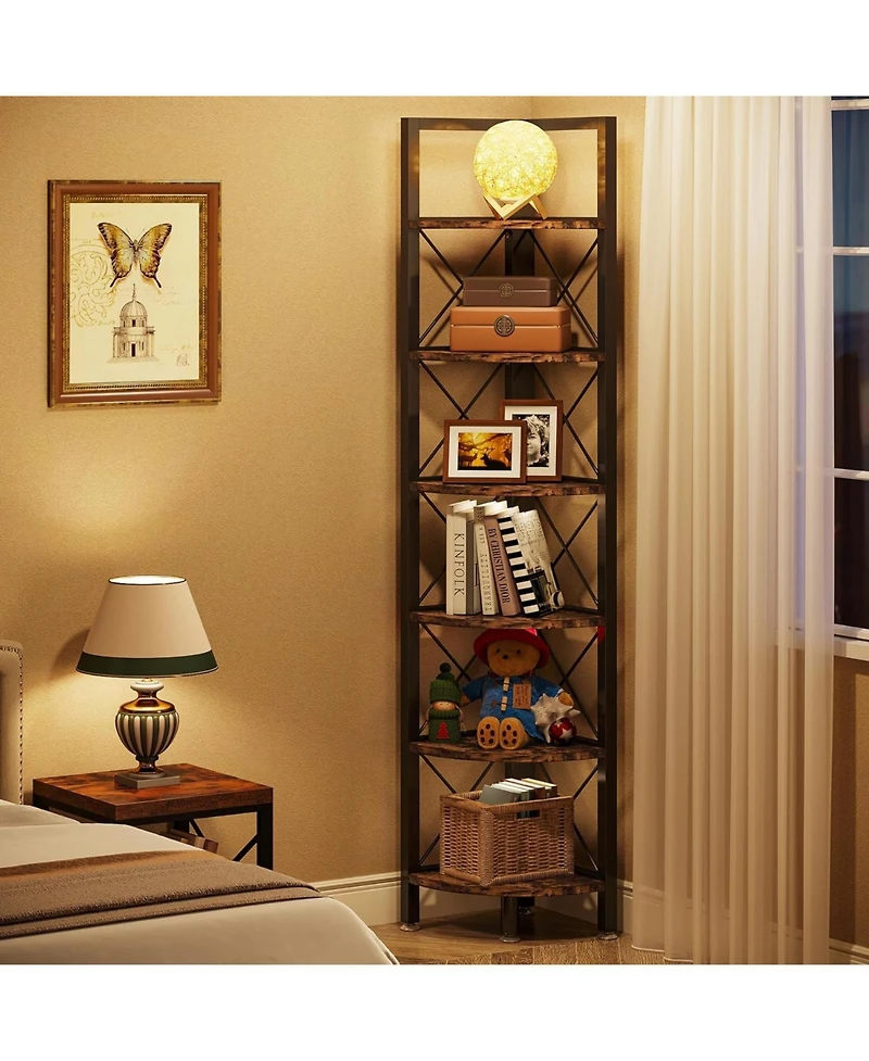 Tribesigns 6 Tier Corner Shelf, Rustic Corner Bookshelf Small Bookcase Corner Storage Rack Plant Stand for Living Room, Home Office, Kitchen, Small Sp
