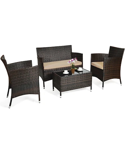 Gymax 4PCS Patio Rattan Conversation Furniture Set Outdoor w/ Cushion