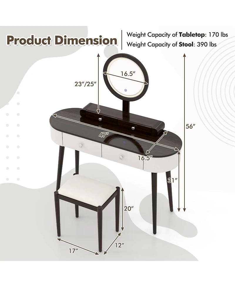 Solid Wood Makeup Vanity Desk Set with Led Lighted Mirror Drawers Cushioned Stool
